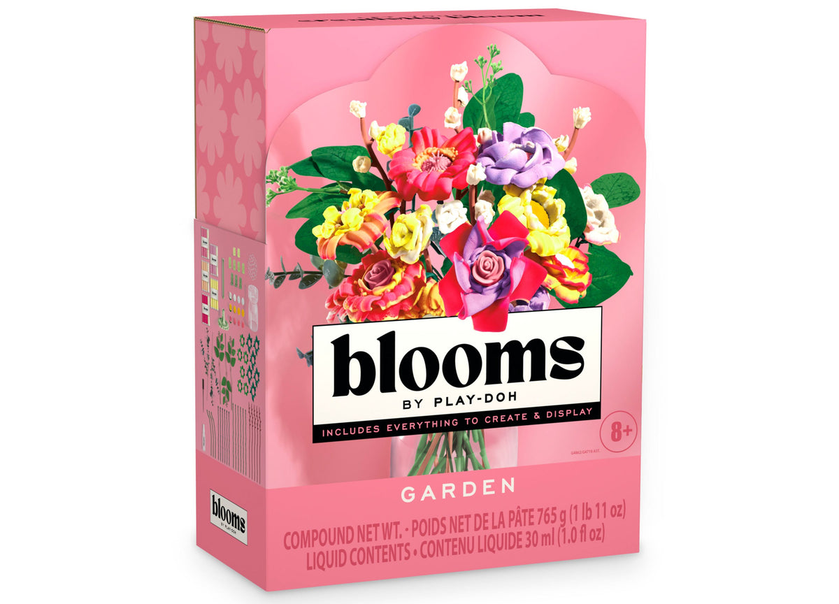 Play-Doh Blooms Garden bouquet kit box showing colorful handmade flowers in a vase with red, yellow, purple and pink ...