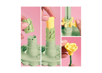 Play-Doh Blooms DIY Garden Bouquet Kit showing green flower-making tool with yellow petal shapes being pressed and re...