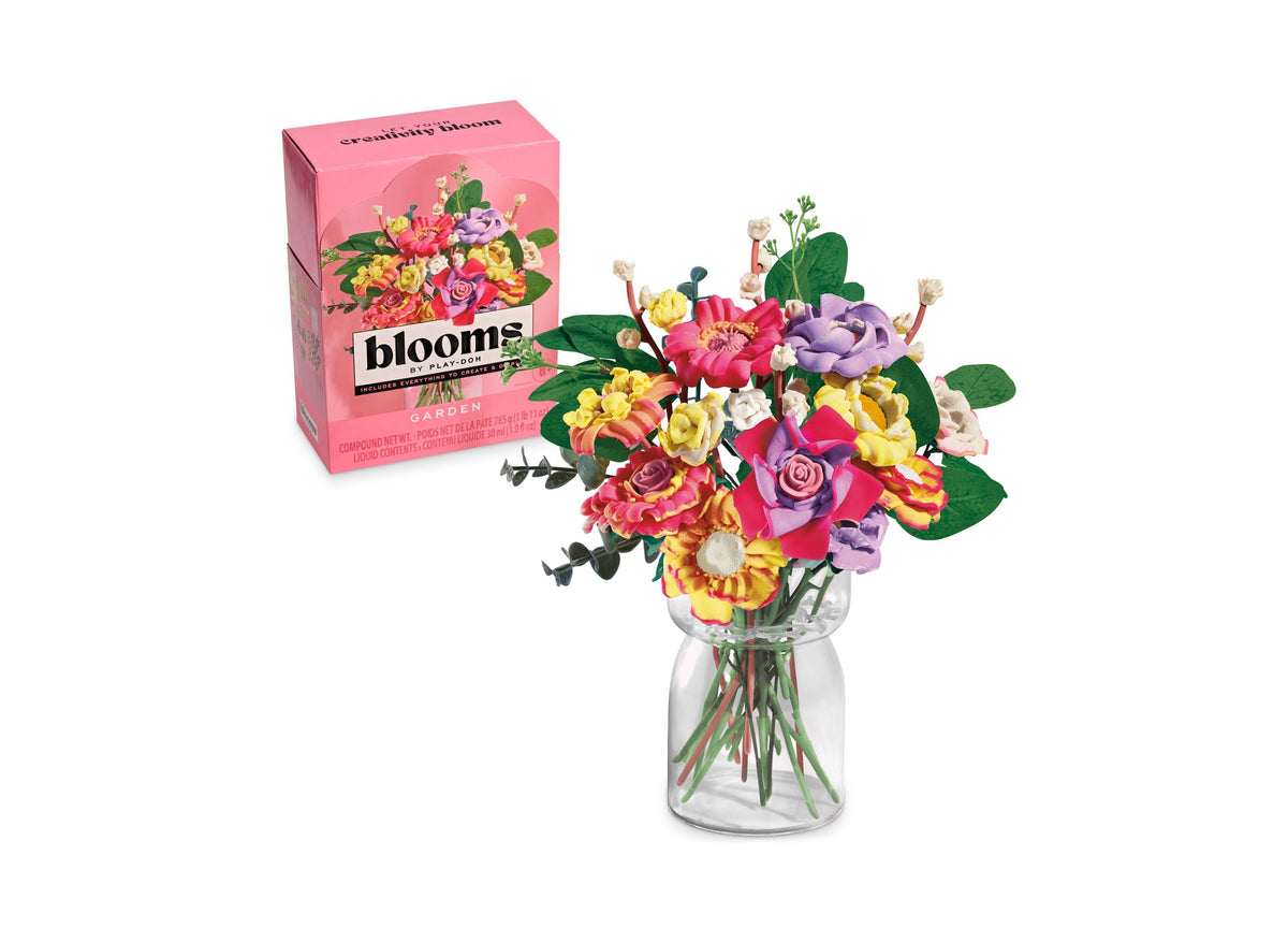 Play-Doh Blooms DIY Garden Bouquet Kit with pink box and colorful flower arrangement in clear vase