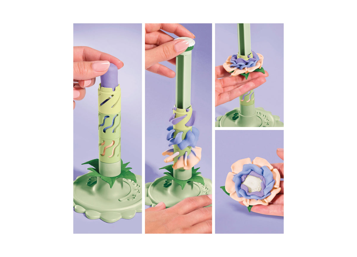 Play-Doh Blooms Meadow Bouquet Kit showing colorful flowers being created with green stem tool and flower-making press