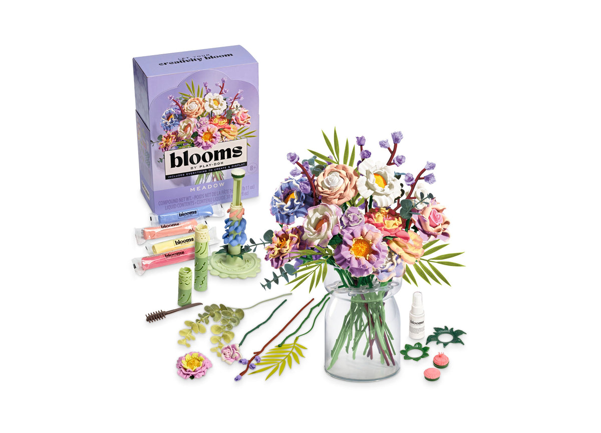 Play-Doh Blooms Meadow Bouquet Kit with colorful flowers in vase, tools, and packaging