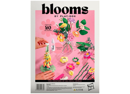 Play-Doh Blooms DIY Garden Bouquet Kit packaging showing colorful handmade flowers in a clear vase on pink background