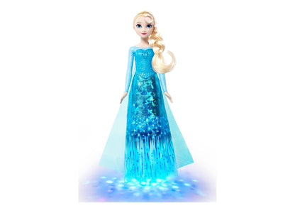 Disney Princess Singing Elsa 11" Light-Up Fashion Doll wearing blue sequined dress with cape and blonde braid