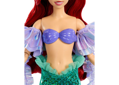 Disney Princess Ariel doll with red hair, purple shell top, green sequined tail, and removable purple sleeves