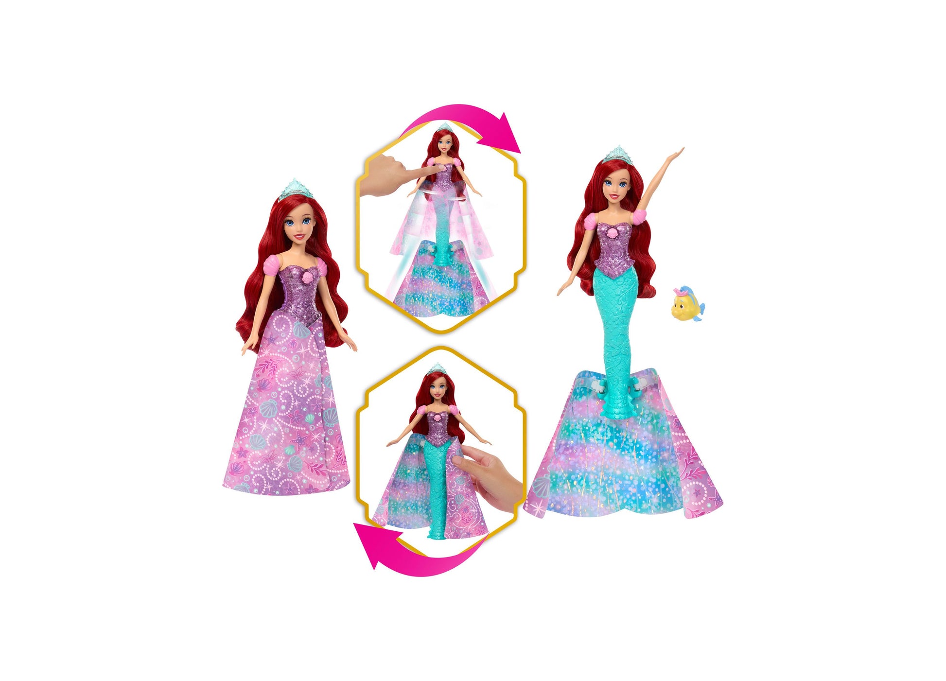 Disney Princess Transforming Ariel Fashion Doll with purple and teal outfit, Flounder figure, and accessories