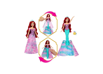 Disney Princess Transforming Ariel Fashion Doll with purple and teal outfit, Flounder figure, and accessories