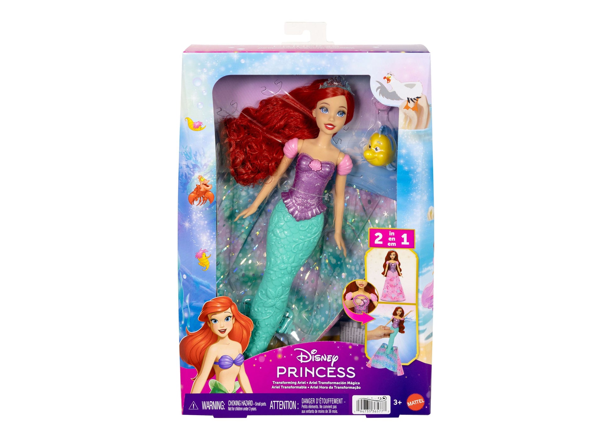 Disney Princess Transforming Ariel Doll with red hair, purple top, green mermaid tail, Flounder figure and accessories