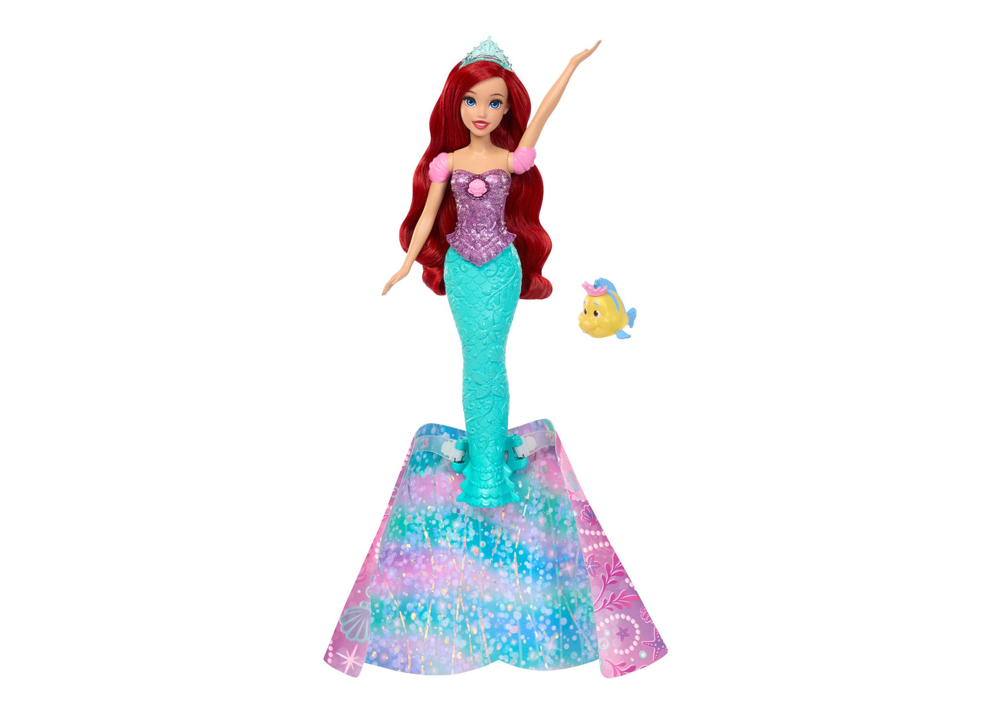 Disney Princess Transforming Ariel Fashion Doll with turquoise tail, purple top, tiara, and Flounder figure