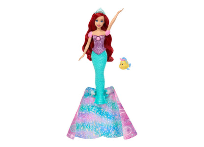 Disney Princess Transforming Ariel Fashion Doll with turquoise tail, purple top, tiara, and Flounder figure
