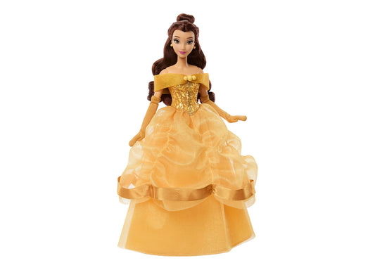 Disney Princess Belle fashion doll wearing gold ball gown with off-shoulder neckline and matching accessories