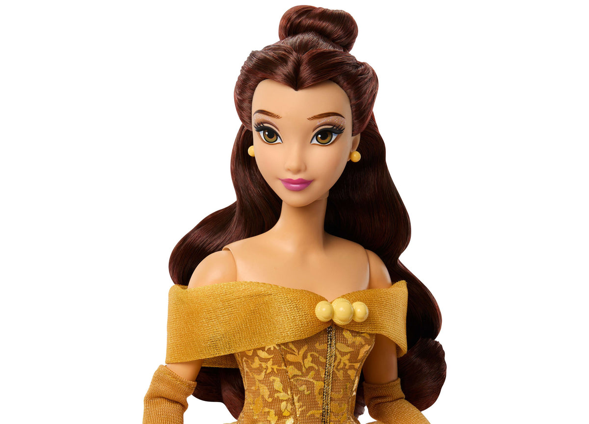 Disney Princess Belle fashion doll wearing gold off-shoulder gown with dark brown hair in half-up style