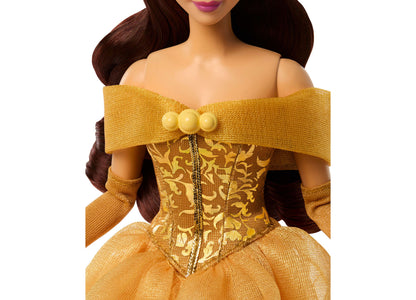 Disney Princess Belle fashion doll wearing gold off-shoulder gown with matching accessories