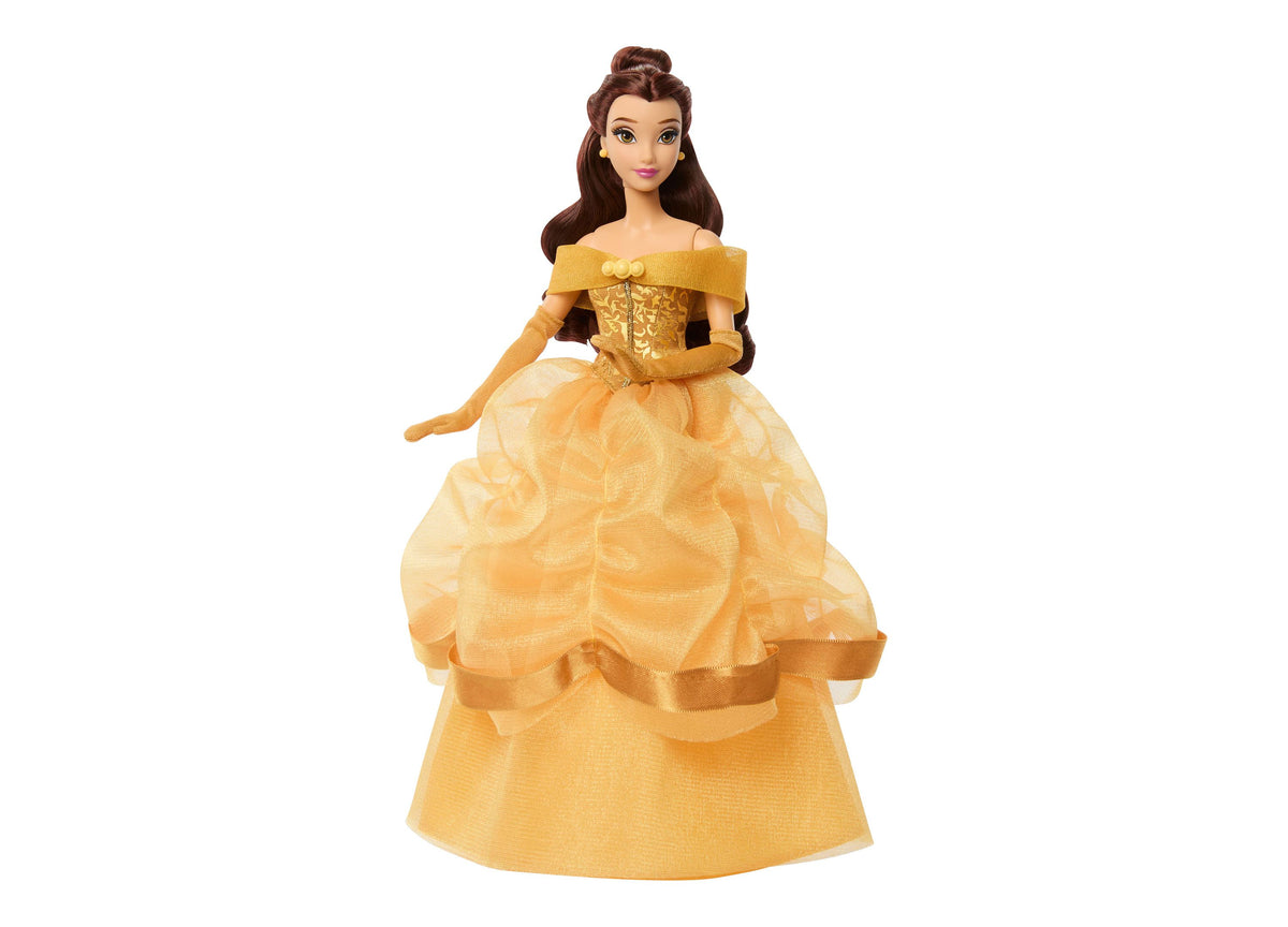 Disney Princess Belle fashion doll wearing gold ball gown with off-shoulder neckline and brown hair in half-up style