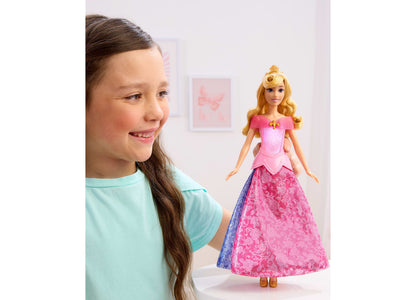 Disney Princess Aurora 13" doll in pink transforming dress with tiara, shown with smiling child