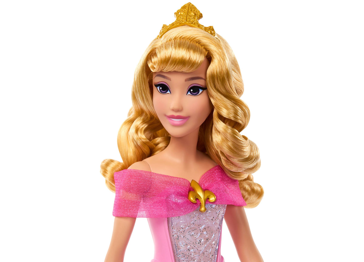 Disney Princess Aurora 13" doll with golden blonde hair, tiara, pink off-shoulder dress, and removable shoes