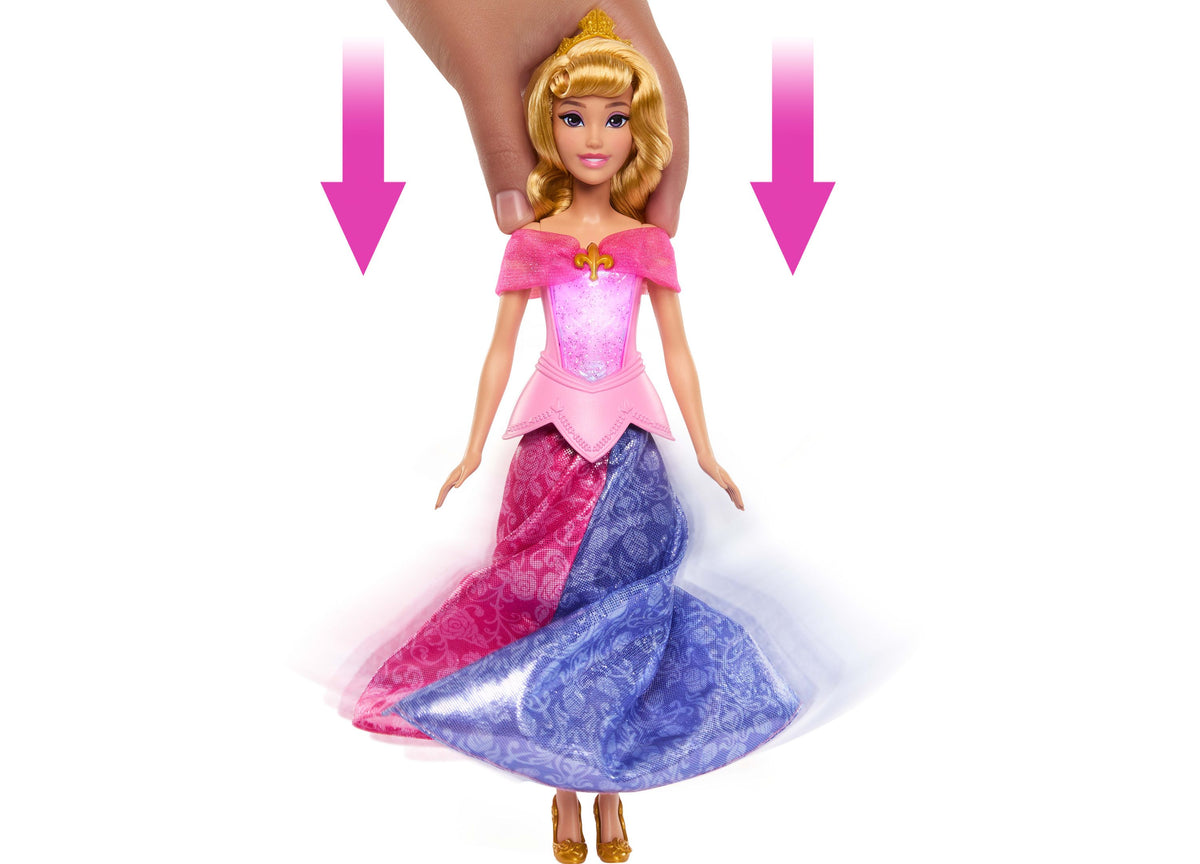 Disney Princess Aurora 13" doll with blonde hair, tiara, pink bodice, and two-tone skirt in pink and blue