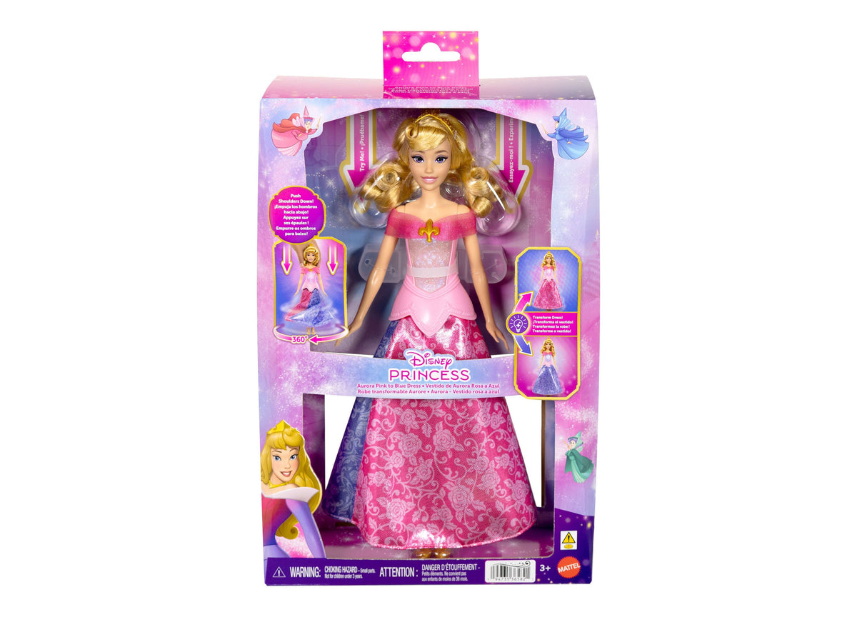 Disney Princess Aurora 13" Transforming-Dress Fashion Doll in pink gown with blonde hair, shown in packaging with mul...