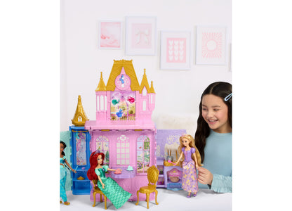 Disney Princess Rapunzel Close & Carry Castle playset with pink castle, golden towers, Rapunzel doll in purple dress,...