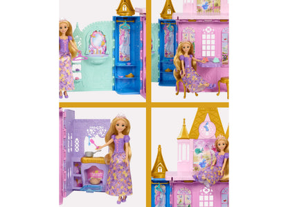 Disney Princess Rapunzel Close & Carry Castle playset with purple-dressed doll, pink and blue folding castle, and mul...