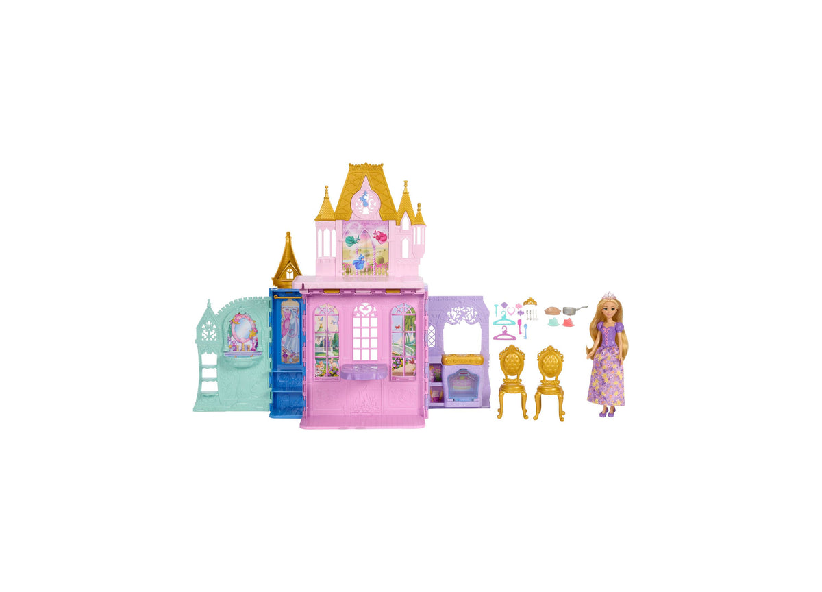 Disney Princess Rapunzel Close & Carry Castle playset with pink castle, turrets, Rapunzel doll, golden chairs, and ac...