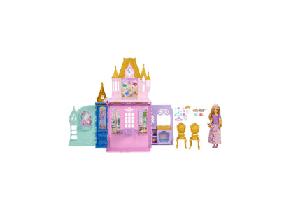 Disney Princess Rapunzel Close & Carry Castle playset with pink castle, turrets, Rapunzel doll, golden chairs, and ac...