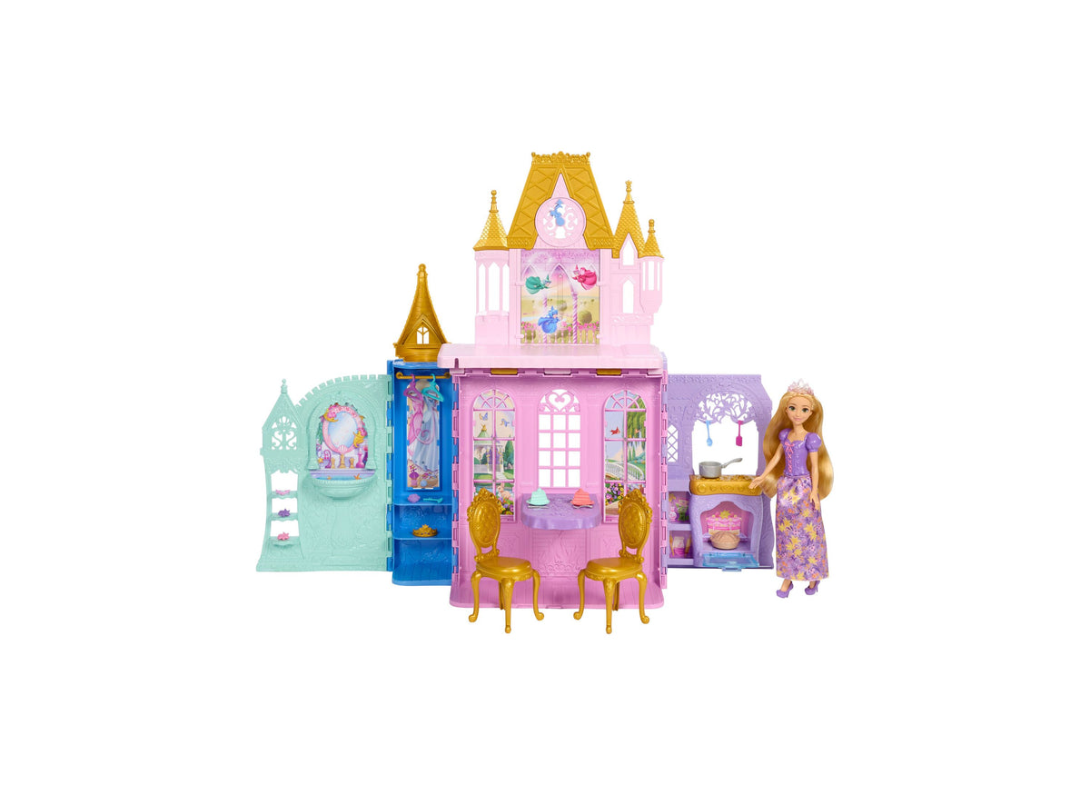 Disney Princess Rapunzel Close & Carry Castle playset with pink castle, turquoise tower, blue section, purple room, g...