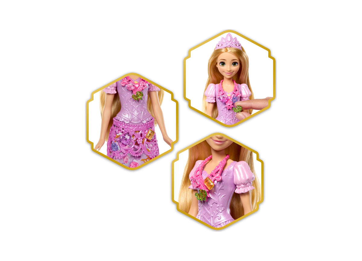Disney Princess Jewel Reveal Rapunzel fashion doll in pink gown with tiara, shown in three outfit variations with acc...