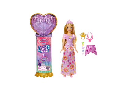 Disney Princess Jewel Reveal Rapunzel doll in purple outfit with tiara, displayed with heart-shaped gem box and acces...