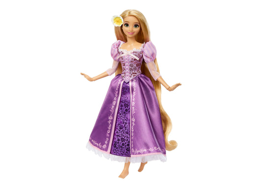 Disney Princess Rapunzel 13" doll wearing purple gown with long blonde hair and yellow flower accessory