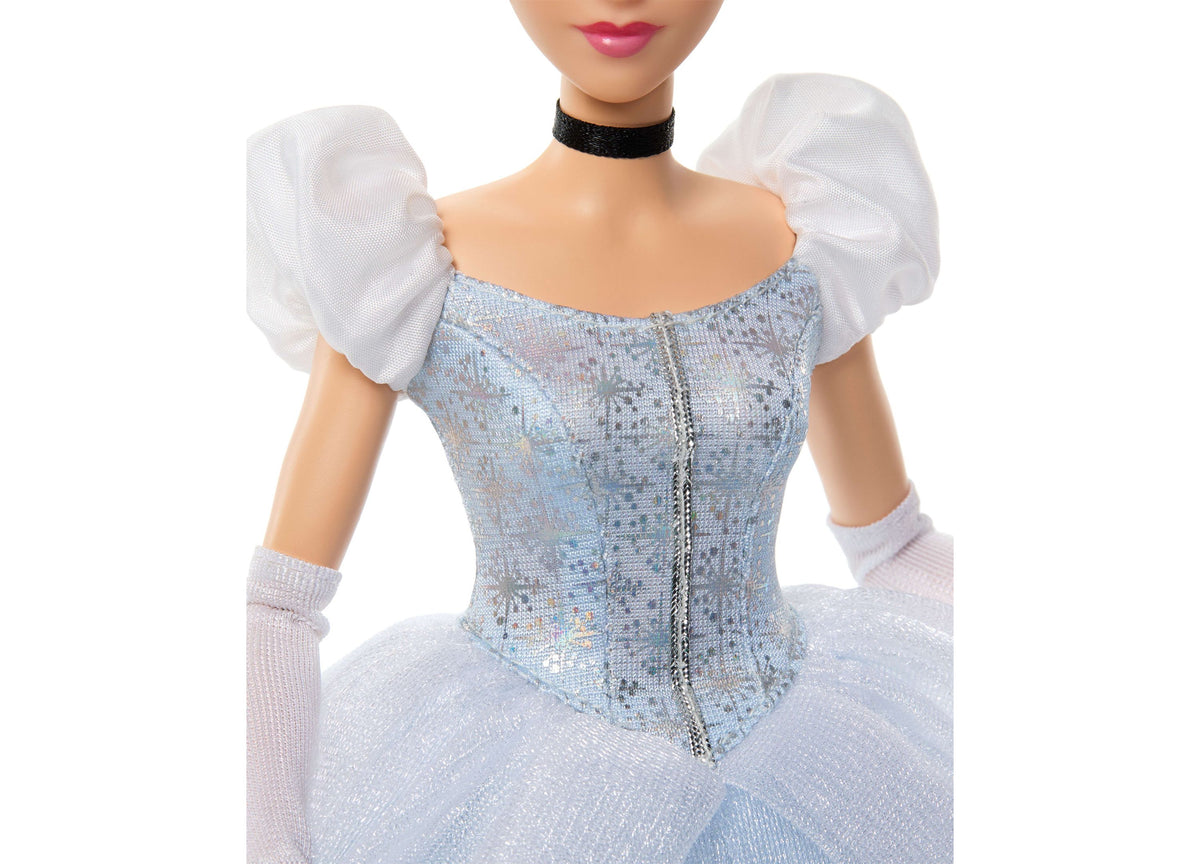 Disney Princess Sparkling Princess Cinderella doll wearing blue sequined gown with white puffed sleeves and black choker
