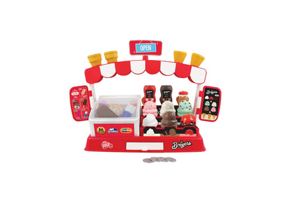 Casdon Ice Cream Parlor playset with red and white awning, freezer case, ice cream scoops, and 35+ pieces including G...