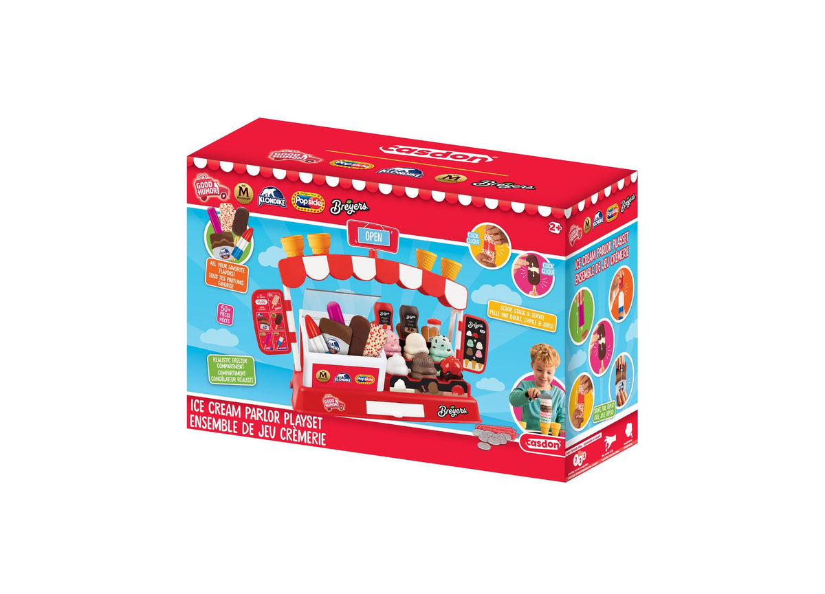 Casdon Ice Cream Parlor Playset with red and white striped awning, freezer case, and 35+ pieces including ice cream b...