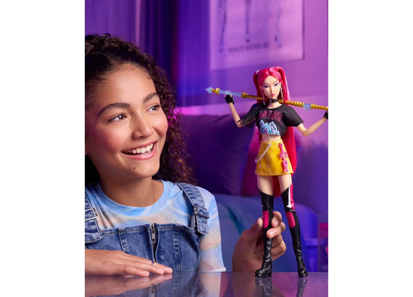 HUNTRX Mira 12.75" fashion doll with pink hair, posable joints, and curved moon sword