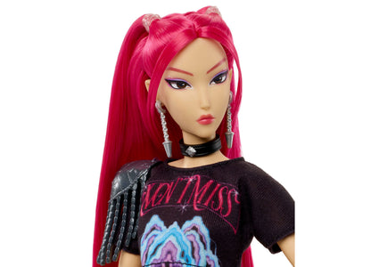 HUNTRX Mira 12.75" fashion doll with bright pink hair, black outfit, and curved moon sword