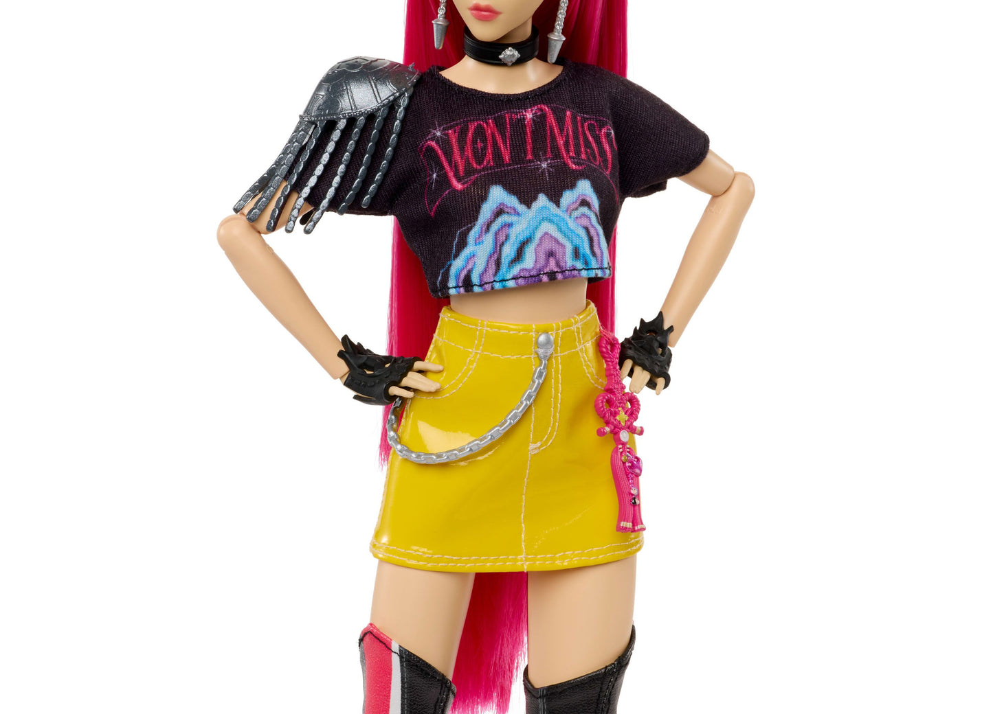 HUNTRX Mira 12.75" fashion doll with pink hair, black crop top, yellow skirt, and curved moon sword