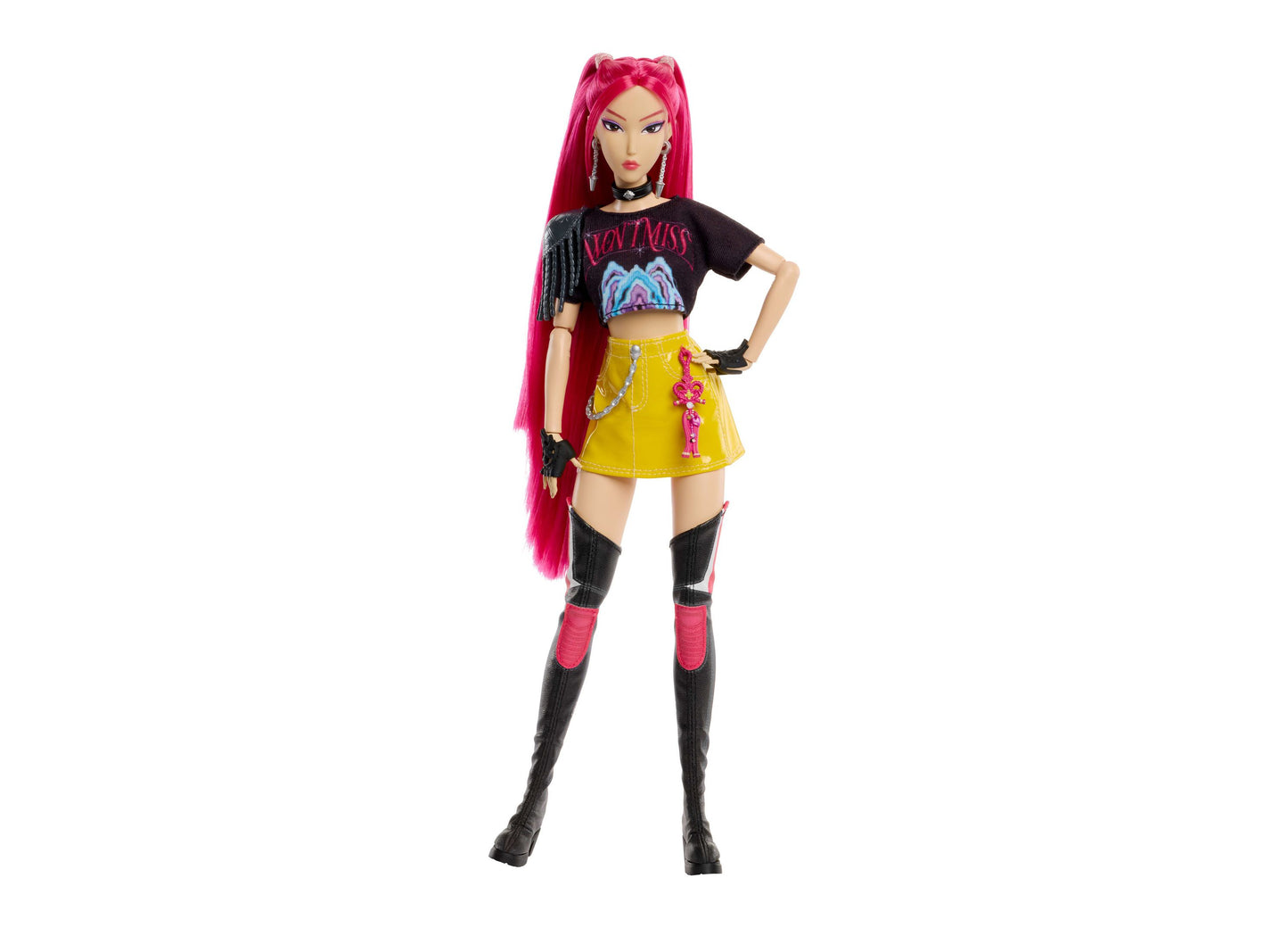 HUNTRX Mira 12.75" fashion doll with pink hair, black crop top, yellow skirt, and black boots