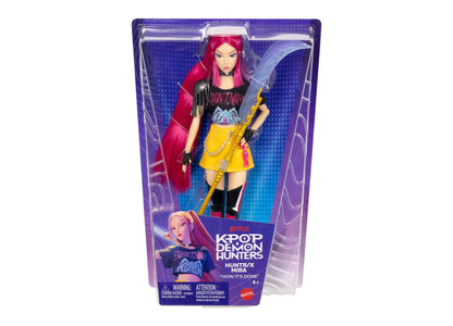 KPOP Demon Hunters HUNTRX Mira doll with red hair, yellow skirt, and curved moon sword