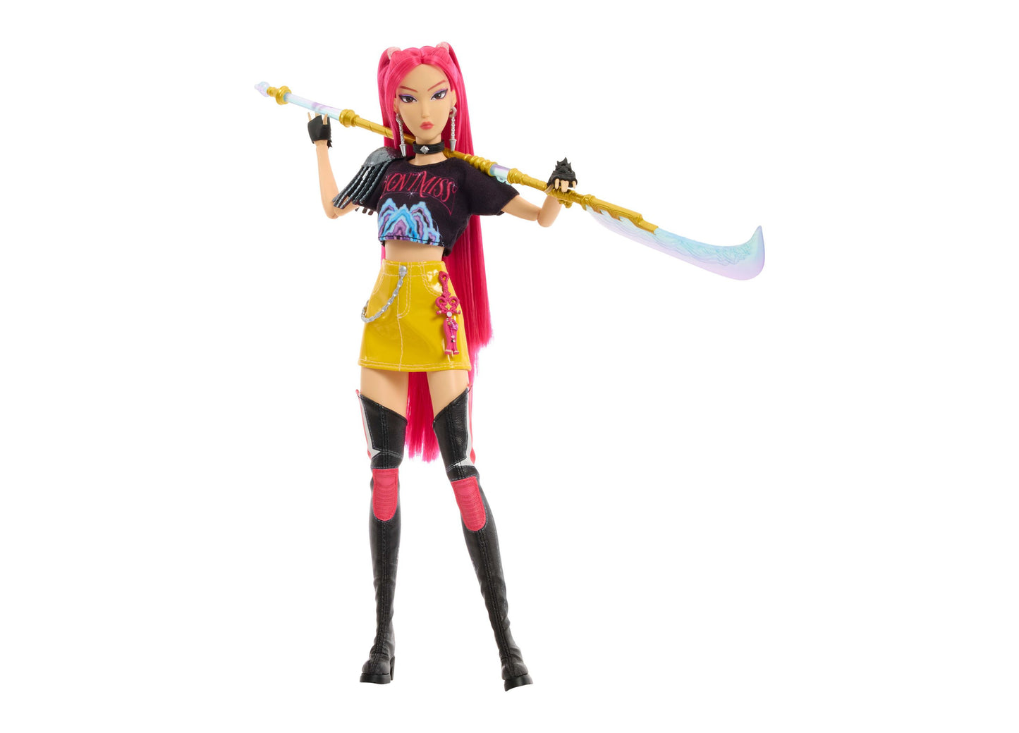 HUNTRX Mira 12.75" fashion doll with pink hair, black crop top, yellow skirt, black boots, and curved moon sword