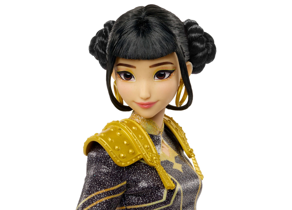 KPop Demon Hunters Zoey Golden 12.75-Inch Singing Doll wearing gold and black stage outfit with gold hoop earrings