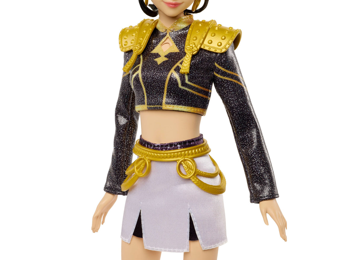 KPop Demon Hunters Zoey Golden 12.75-Inch Singing Doll wearing black and gold sparkly crop top with shoulder armor an...