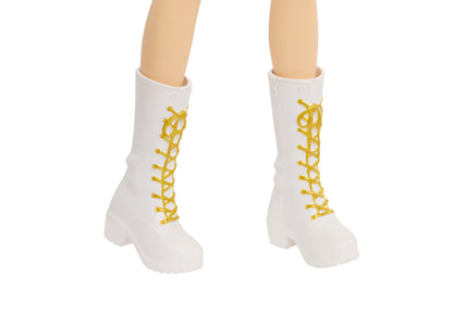 KPop Demon Hunters Zoey Golden 12.75-inch singing doll wearing white boots with gold laces, shown from front and side...