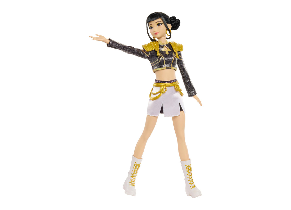KPop Demon Hunters Zoey Golden 12.75-Inch Singing Doll with black hair, gold and black crop top, white skirt, and whi...