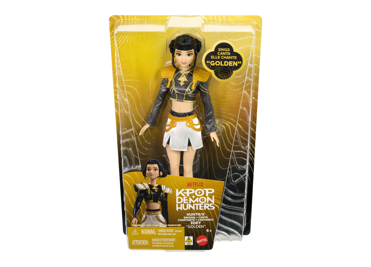 Zoey Golden singing doll from Netflix Kpop Demon Hunters, 12.75 inches tall, wearing black and gold stage outfit with...