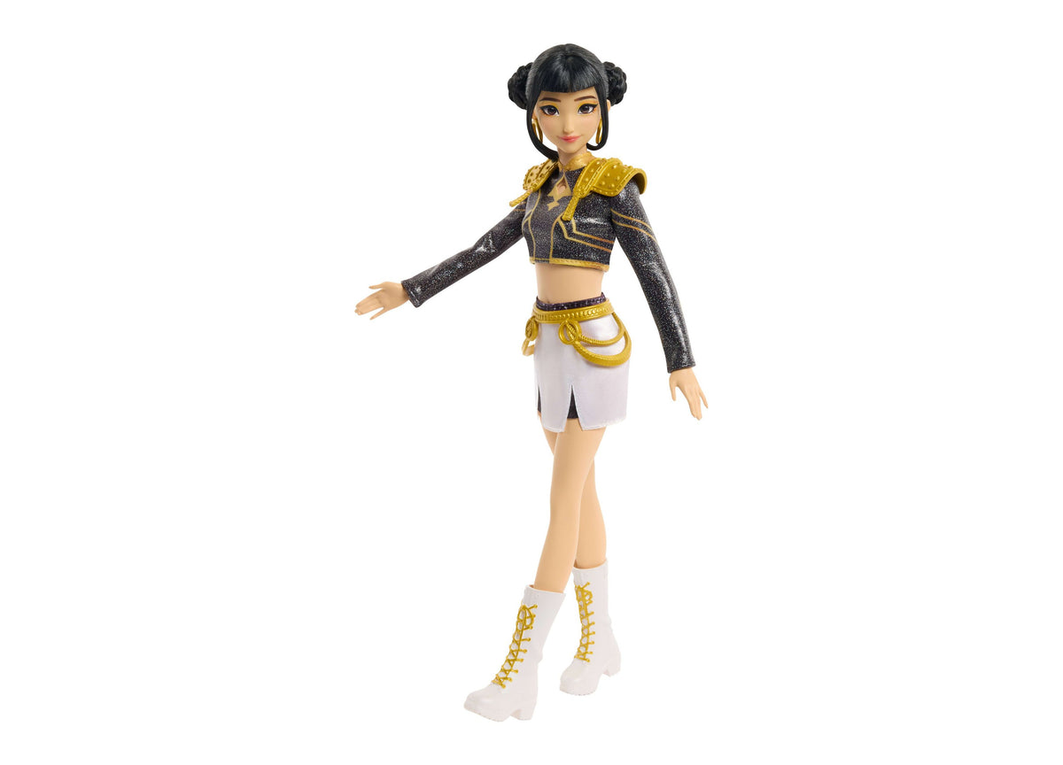KPop Demon Hunters Zoey Golden 12.75-Inch Singing Doll wearing black and gold stage outfit with white boots
