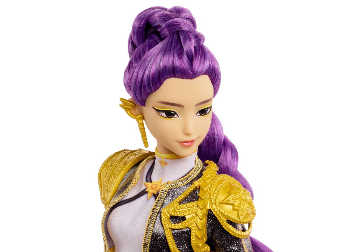 Rumi Golden 12.75-inch singing fashion doll with purple hair, gold outfit, and posable joints