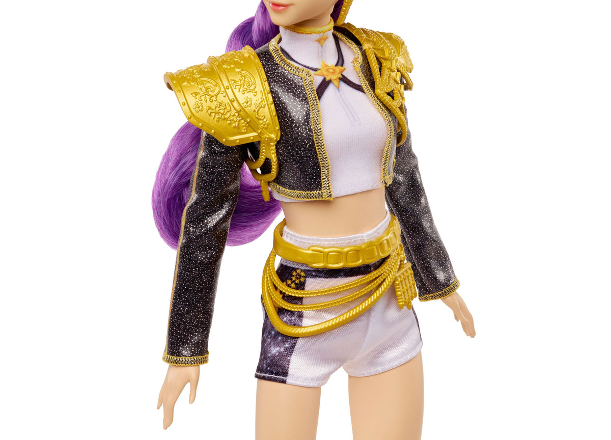 KPop Demon Hunters Rumi Golden 12.75-Inch Singing Fashion Doll with purple hair wearing gold and black performance ou...