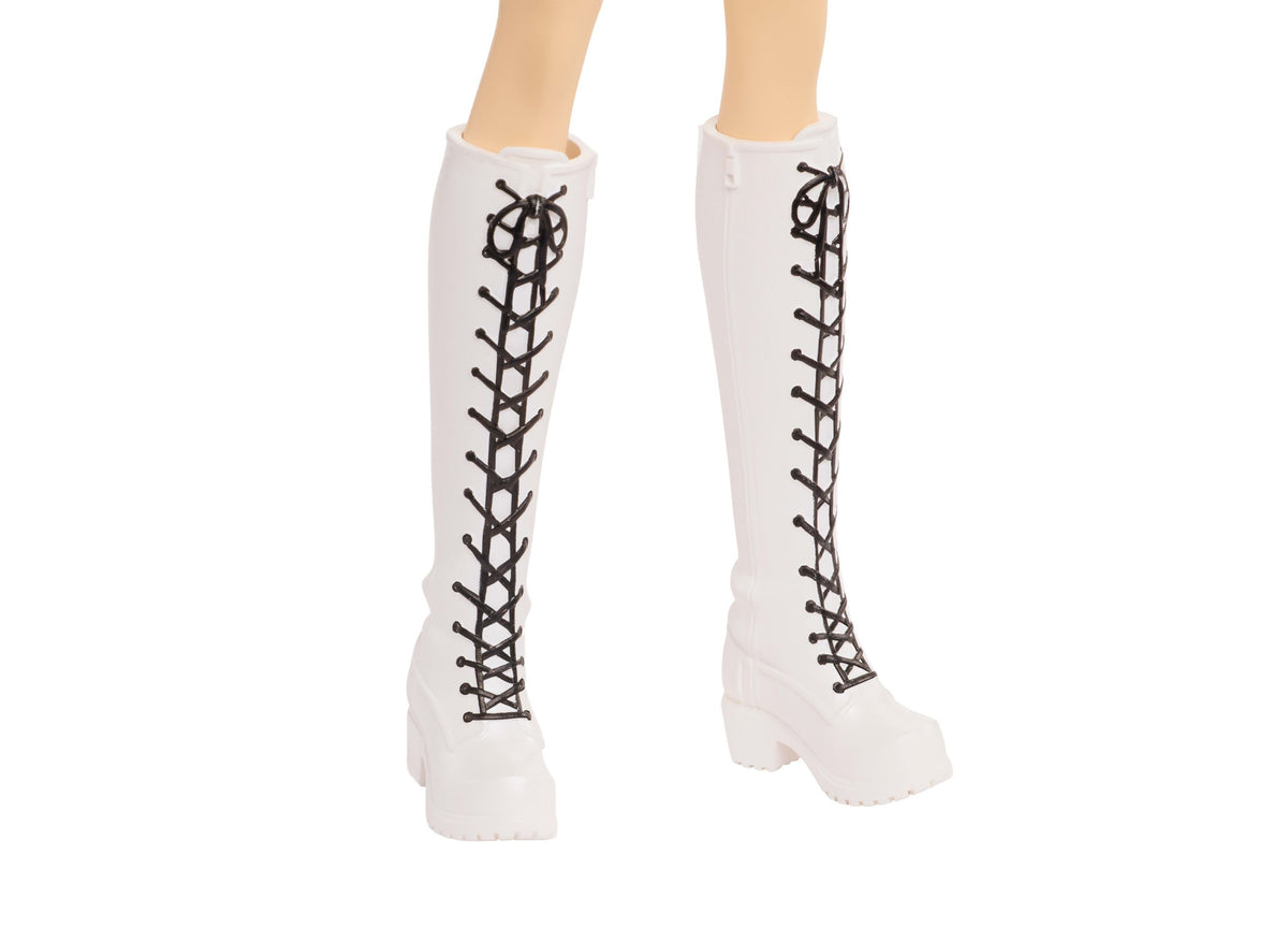 KPop Demon Hunters Rumi Golden 12.75-Inch Singing Fashion Doll with posable joints, wearing white lace-up boots