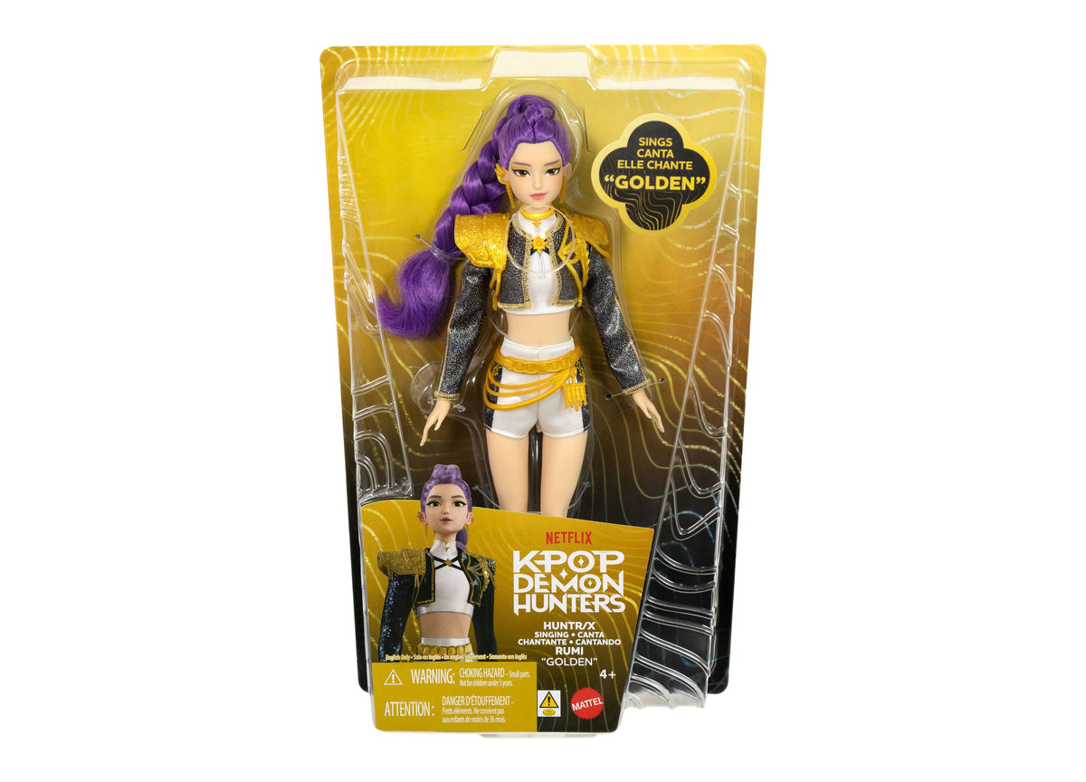 KPop Demon Hunters Rumi Golden singing fashion doll with purple hair, yellow and black outfit, in packaging