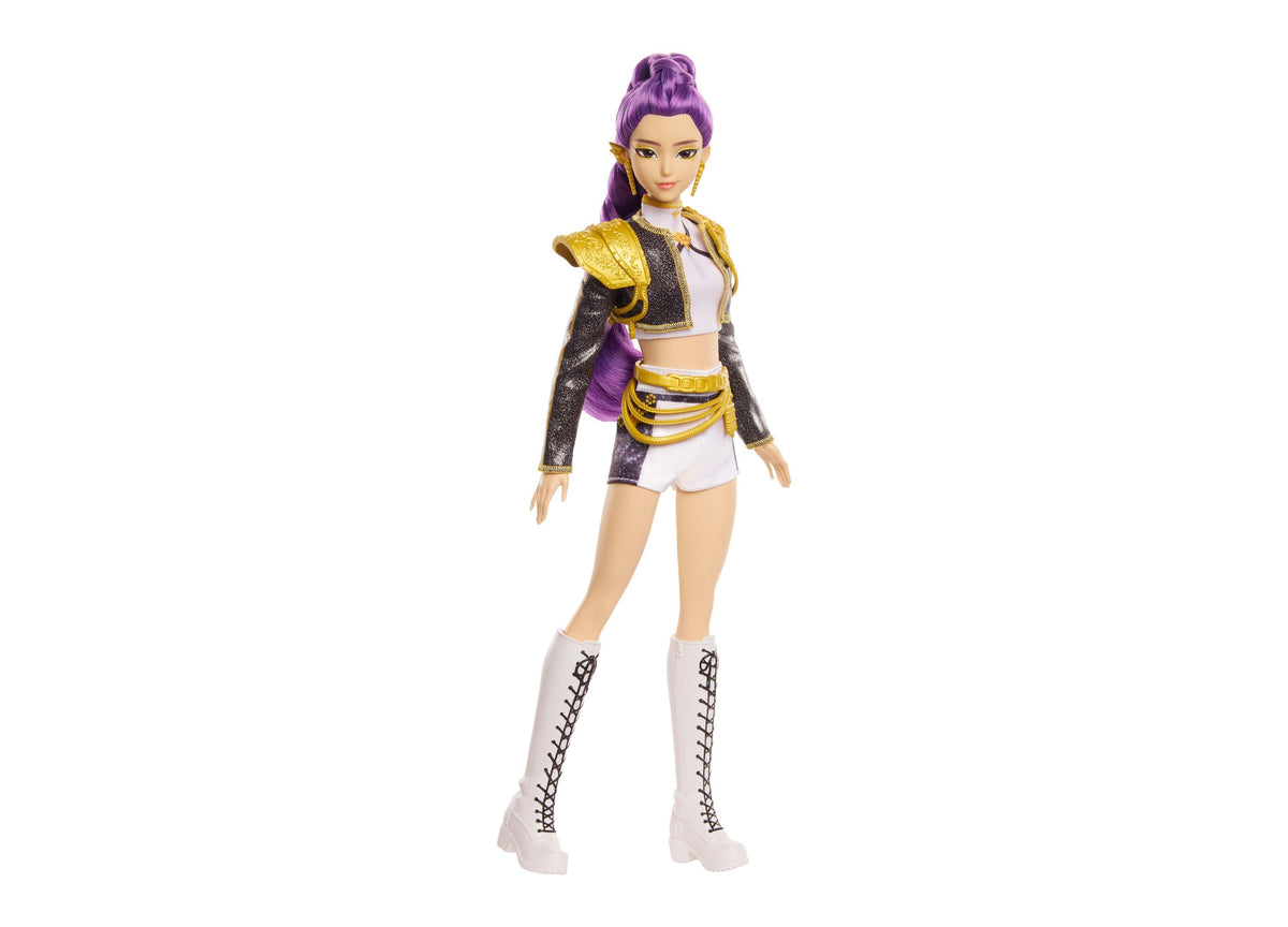 KPop Demon Hunters Rumi Golden 12.75-Inch Singing Fashion Doll with purple hair, gold and black jacket, white boots