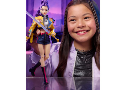 Kpop Demon Hunters Rumi 11" doll with purple hair, yellow jacket, and sword accessory